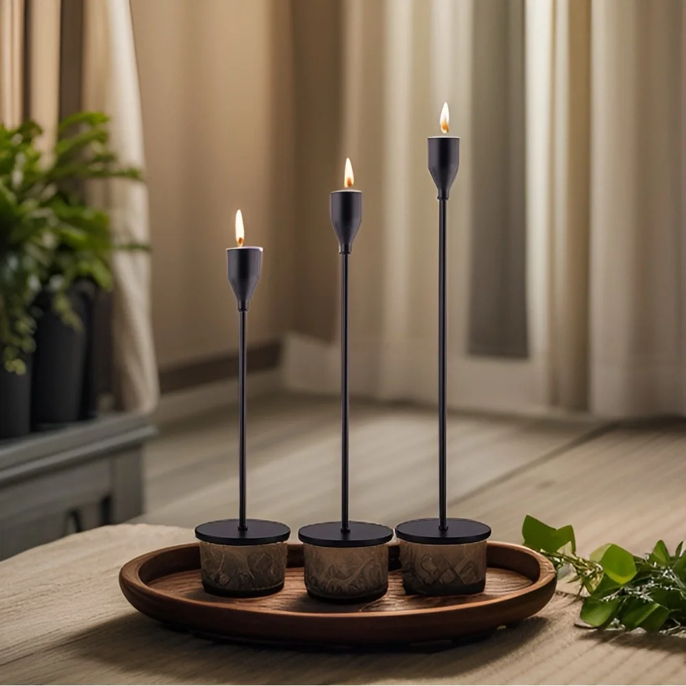 New West Elm Black Matte Boho Tapered Candlestick Candle Holders Decor Set of 3